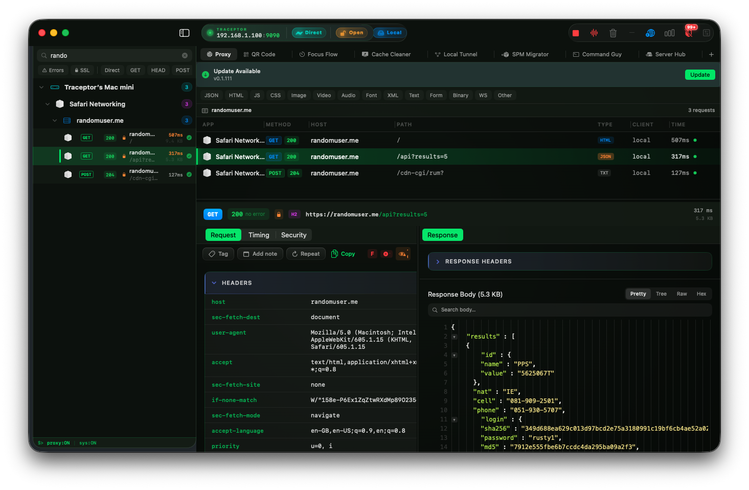 Traceptor running side-by-side with Charles Proxy and Proxyman, showing the native SwiftUI interface and a captured request list