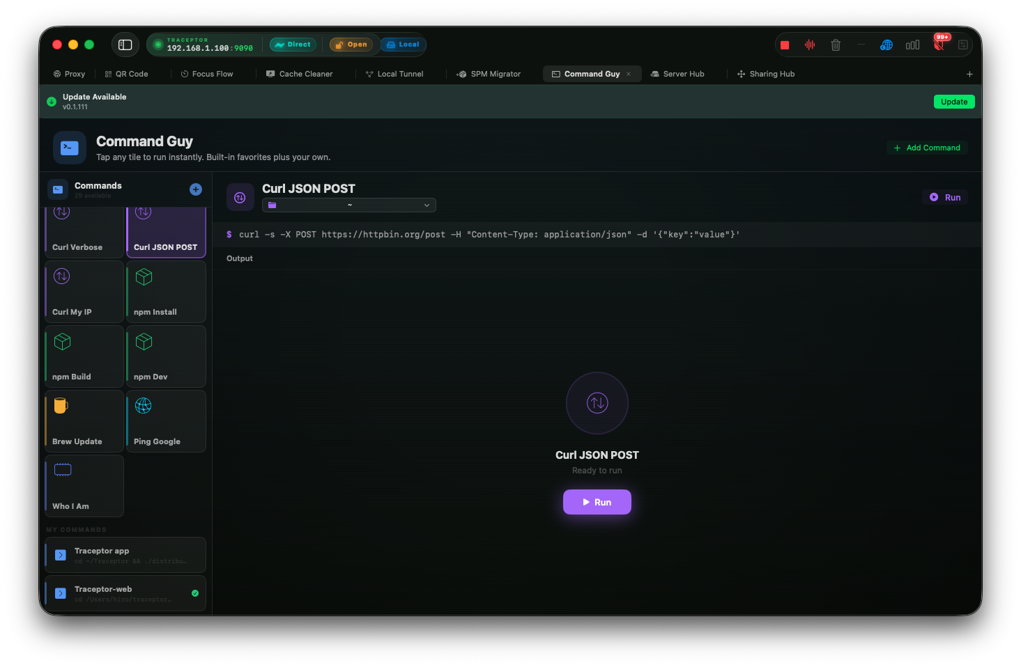 Command Guy’s Metro-style sidebar with category-colored tiles for Git Status, npm Dev, Curl Headers, and DNS Lookup, with one tile actively running
