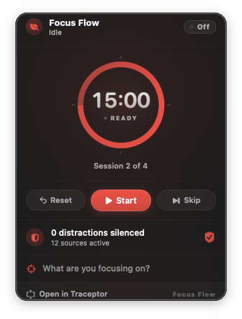 Focus Flow’s floating banner showing the coral-tinted Focus phase, a countdown timer, and the task name “Wrap API spec”
