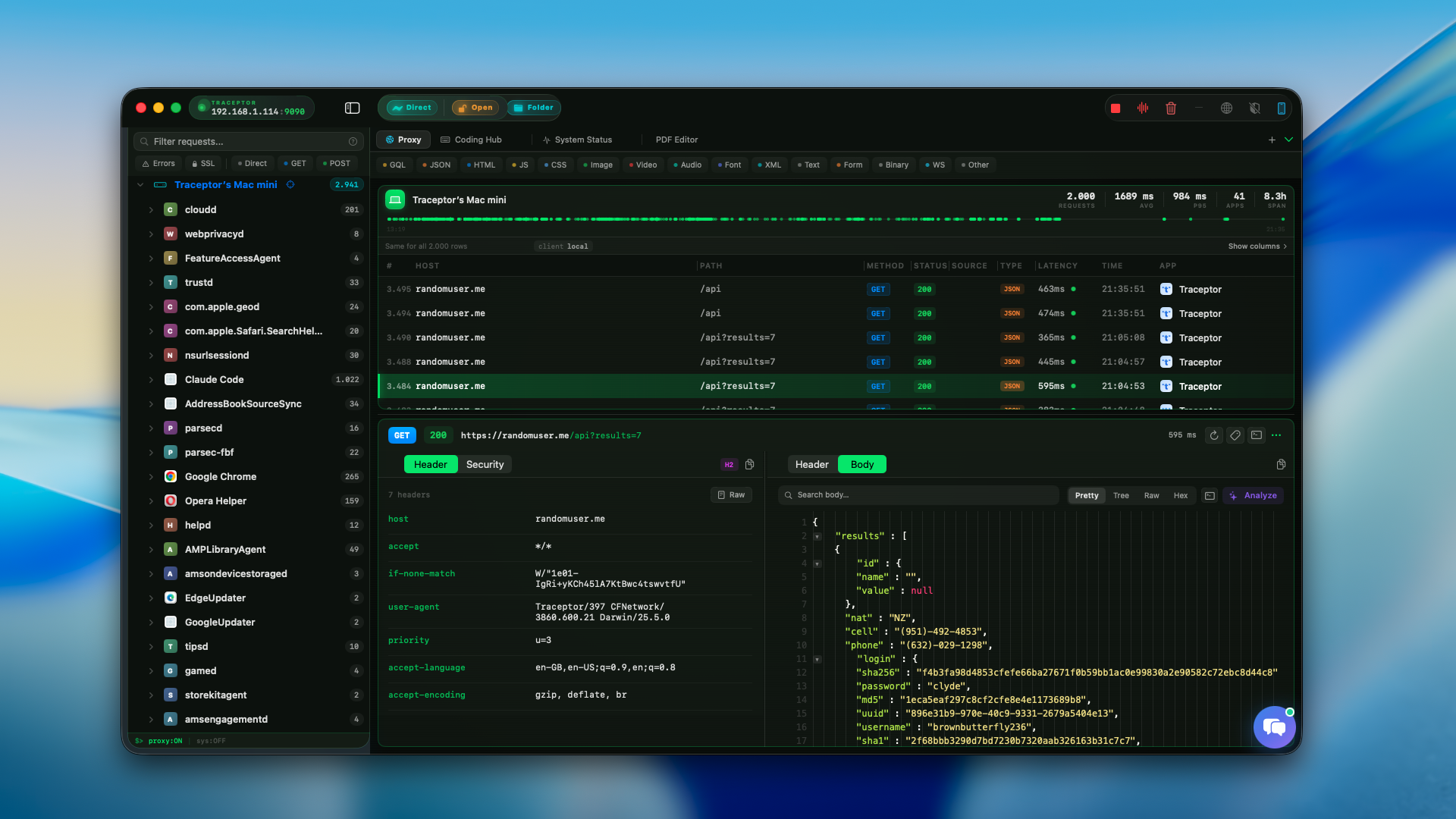 Traceptor showing a decrypted HTTPS request with headers, body, and the timing waterfall