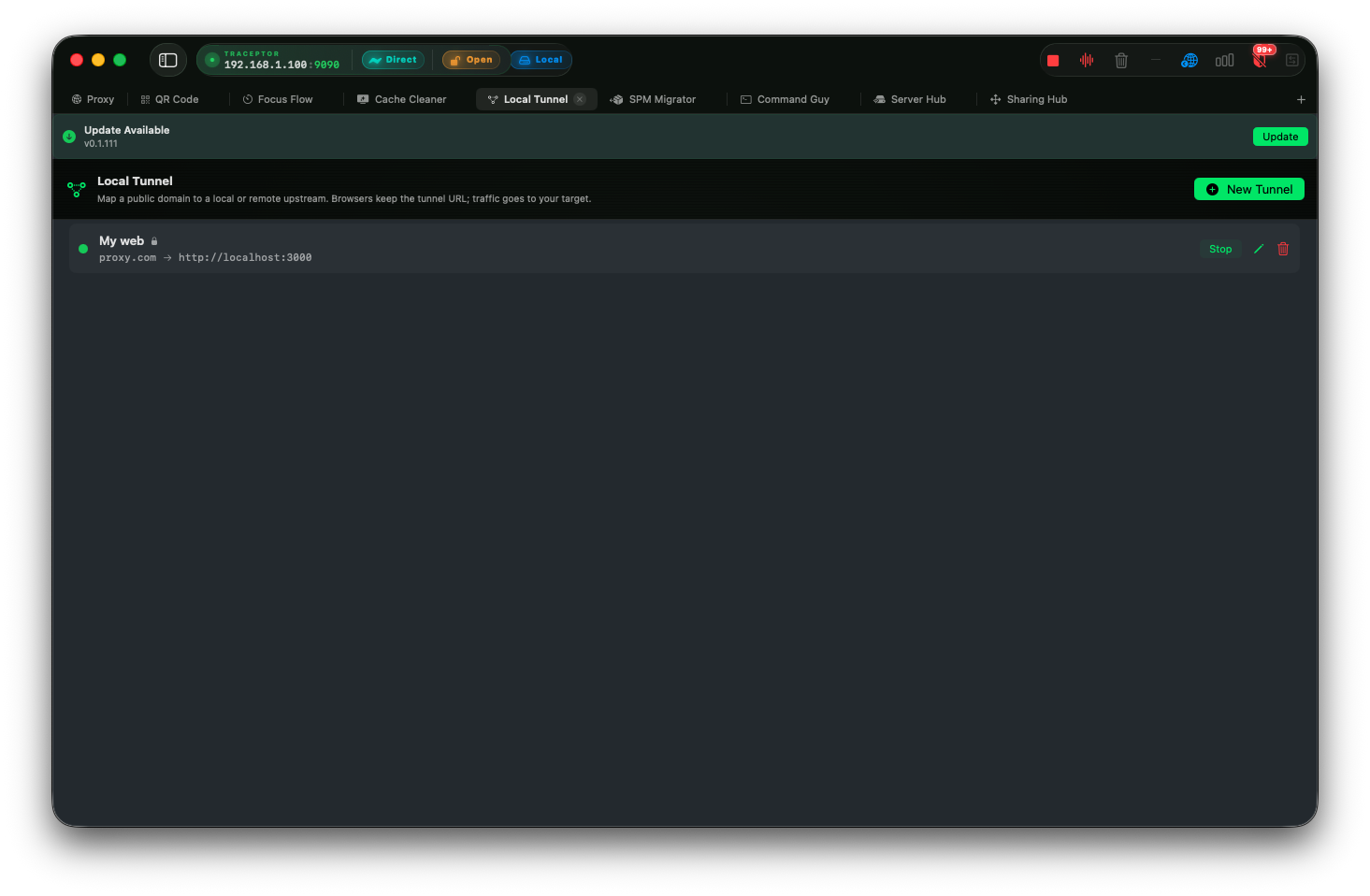 The Local Tunnel rule editor in Traceptor mapping myapp.local to http://localhost:3000 with HTTPS enabled