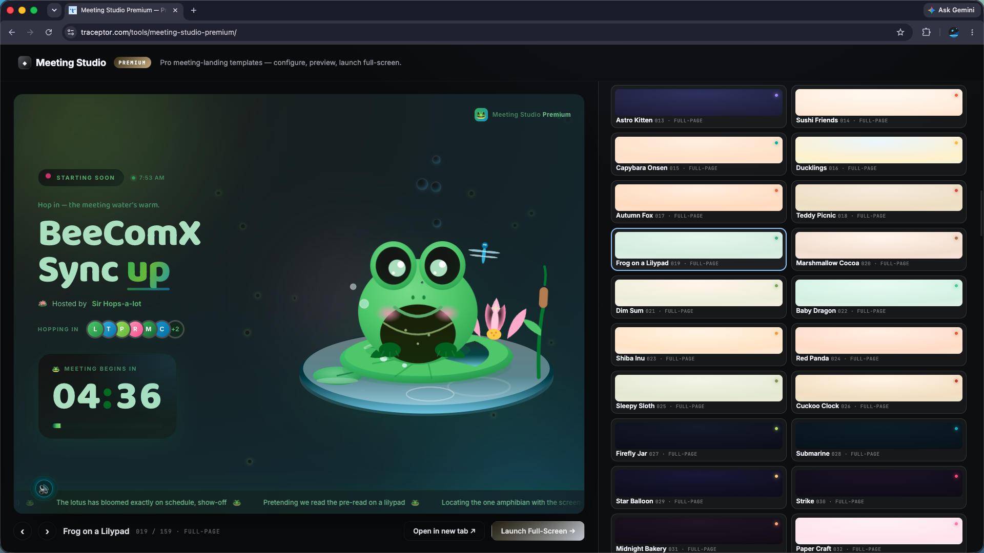 Meeting Studio Premium configuration panel with a live Rocket Launch template preview