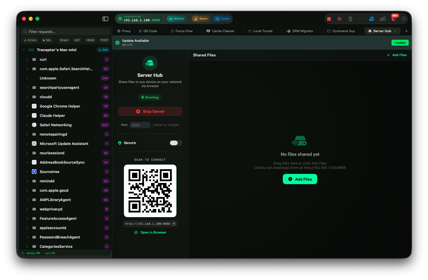 The Server Hub workspace tab in Traceptor with a Running status badge, a QR code, and a file list showing a video, an image, and an IPA bundled for LAN download