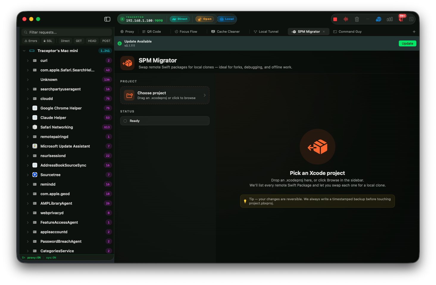SPM Migrator showing three remote packages — Alamofire, SnapKit, and Lottie — with toggles and local path fields, plus one already-local package below